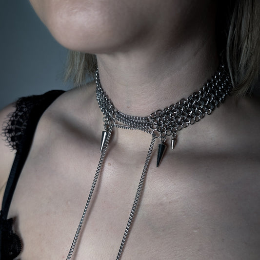 Stainless steel woven chainmaille choker with spike adornments