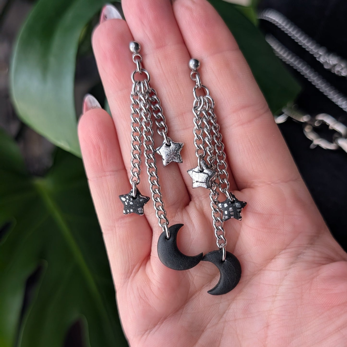 Moon and Star Chain Earrings